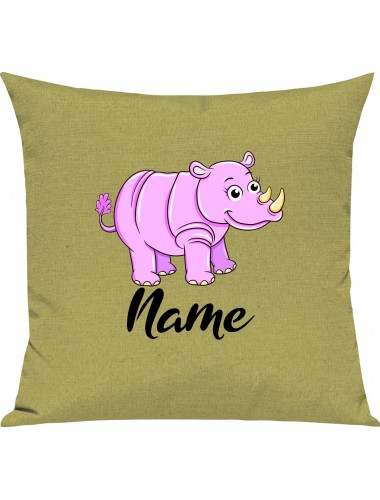 Kinder Kissen, Nashorn Rhino mit Wunschnamen Tiere Tier Natur, Kuschelkissen Couch Deko, Farbe hellgruen