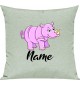 Kinder Kissen, Nashorn Rhino mit Wunschnamen Tiere Tier Natur, Kuschelkissen Couch Deko, Farbe pastellgruen