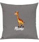 Kinder Kissen, Giraffe mit Wunschnamen Tiere Tier Natur, Kuschelkissen Couch Deko, Farbe grau
