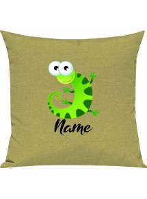 Kinder Kissen, Gecko Leguan Eidechse mit Wunschnamen Tiere Tier Natur, Kuschelkissen Couch Deko, Farbe hellgruen