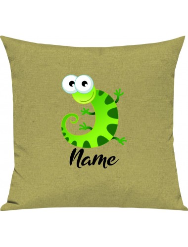 Kinder Kissen, Gecko Leguan Eidechse mit Wunschnamen Tiere Tier Natur, Kuschelkissen Couch Deko, Farbe hellgruen