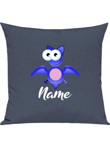 Kinder Kissen, Fledermaus Bat mit Wunschnamen Tiere Tier Natur, Kuschelkissen Couch Deko, Farbe blau