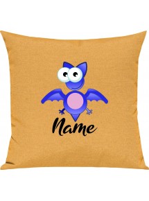 Kinder Kissen, Fledermaus Bat mit Wunschnamen Tiere Tier Natur, Kuschelkissen Couch Deko, Farbe gelb
