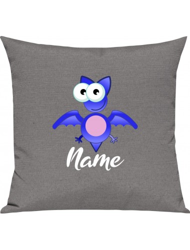 Kinder Kissen, Fledermaus Bat mit Wunschnamen Tiere Tier Natur, Kuschelkissen Couch Deko, Farbe grau