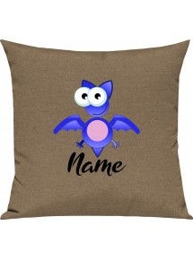 Kinder Kissen, Fledermaus Bat mit Wunschnamen Tiere Tier Natur, Kuschelkissen Couch Deko, Farbe hellbraun