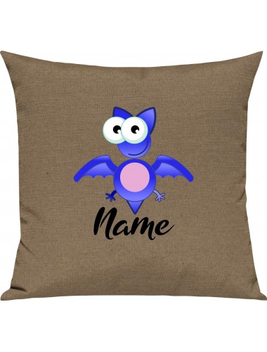 Kinder Kissen, Fledermaus Bat mit Wunschnamen Tiere Tier Natur, Kuschelkissen Couch Deko, Farbe hellbraun