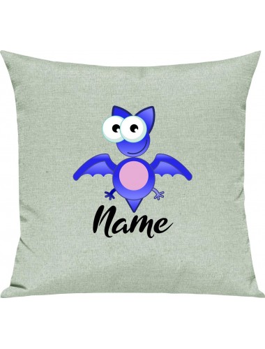 Kinder Kissen, Fledermaus Bat mit Wunschnamen Tiere Tier Natur, Kuschelkissen Couch Deko, Farbe pastellgruen
