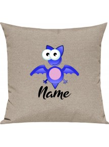 Kinder Kissen, Fledermaus Bat mit Wunschnamen Tiere Tier Natur, Kuschelkissen Couch Deko, Farbe sand