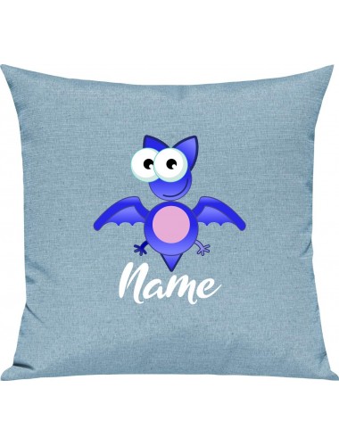 Kinder Kissen, Fledermaus Bat mit Wunschnamen Tiere Tier Natur, Kuschelkissen Couch Deko, Farbe tuerkis