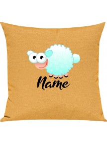 Kinder Kissen, Schaf Schäfchen Sheep mit Wunschnamen Tiere Tier Natur, Kuschelkissen Couch Deko, Farbe gelb