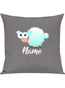 Kinder Kissen, Schaf Schäfchen Sheep mit Wunschnamen Tiere Tier Natur, Kuschelkissen Couch Deko, Farbe grau