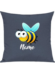 Kinder Kissen, Biene Wespe Bee mit Wunschnamen Tiere Tier Natur, Kuschelkissen Couch Deko, Farbe blau