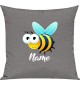 Kinder Kissen, Biene Wespe Bee mit Wunschnamen Tiere Tier Natur, Kuschelkissen Couch Deko, Farbe grau