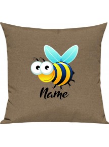 Kinder Kissen, Biene Wespe Bee mit Wunschnamen Tiere Tier Natur, Kuschelkissen Couch Deko, Farbe hellbraun