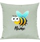 Kinder Kissen, Biene Wespe Bee mit Wunschnamen Tiere Tier Natur, Kuschelkissen Couch Deko, Farbe pastellgruen