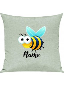 Kinder Kissen, Biene Wespe Bee mit Wunschnamen Tiere Tier Natur, Kuschelkissen Couch Deko, Farbe pastellgruen