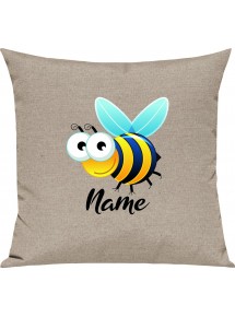 Kinder Kissen, Biene Wespe Bee mit Wunschnamen Tiere Tier Natur, Kuschelkissen Couch Deko, Farbe sand