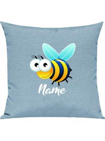 Kinder Kissen, Biene Wespe Bee mit Wunschnamen Tiere Tier Natur, Kuschelkissen Couch Deko, Farbe tuerkis