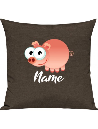 Kinder Kissen, Schwein Ferkel Pig mit Wunschnamen Tiere Tier Natur, Kuschelkissen Couch Deko, Farbe braun