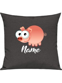 Kinder Kissen, Schwein Ferkel Pig mit Wunschnamen Tiere Tier Natur, Kuschelkissen Couch Deko, Farbe dunkelgrau