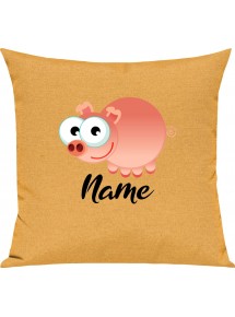 Kinder Kissen, Schwein Ferkel Pig mit Wunschnamen Tiere Tier Natur, Kuschelkissen Couch Deko, Farbe gelb