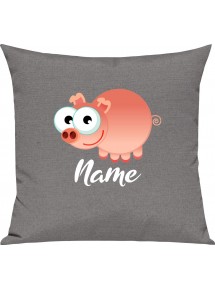 Kinder Kissen, Schwein Ferkel Pig mit Wunschnamen Tiere Tier Natur, Kuschelkissen Couch Deko, Farbe grau