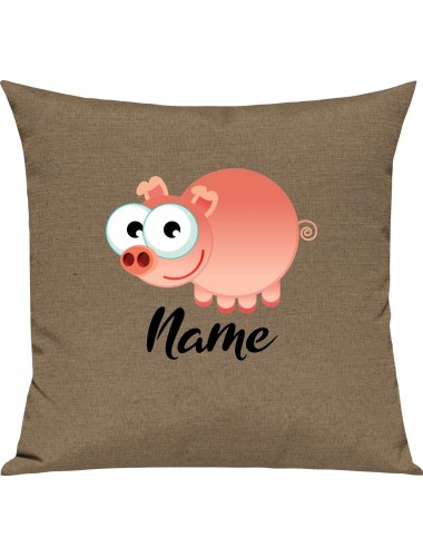 Kinder Kissen, Schwein Ferkel Pig mit Wunschnamen Tiere Tier Natur, Kuschelkissen Couch Deko, Farbe hellbraun