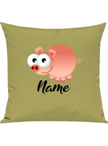 Kinder Kissen, Schwein Ferkel Pig mit Wunschnamen Tiere Tier Natur, Kuschelkissen Couch Deko, Farbe hellgruen