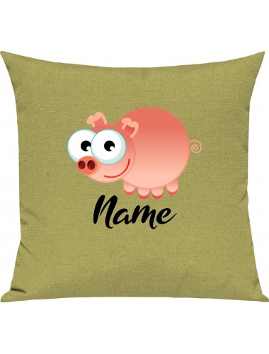 Kinder Kissen, Schwein Ferkel Pig mit Wunschnamen Tiere Tier Natur, Kuschelkissen Couch Deko, Farbe hellgruen