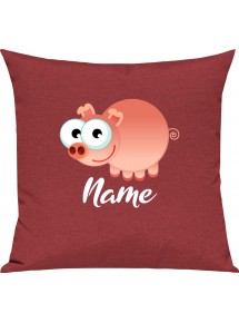 Kinder Kissen, Schwein Ferkel Pig mit Wunschnamen Tiere Tier Natur, Kuschelkissen Couch Deko, Farbe rot