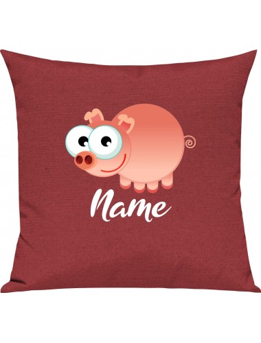 Kinder Kissen, Schwein Ferkel Pig mit Wunschnamen Tiere Tier Natur, Kuschelkissen Couch Deko, Farbe rot