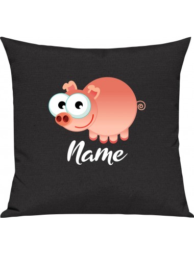Kinder Kissen, Schwein Ferkel Pig mit Wunschnamen Tiere Tier Natur, Kuschelkissen Couch Deko, Farbe schwarz