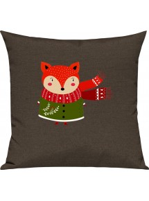 Kinder Kissen, Fuchs Fox Weihnachten Christmas Winter Schnee Tiere Tier Natur, Kuschelkissen Couch Deko, Farbe braun