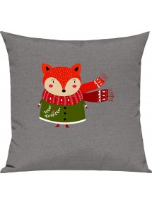 Kinder Kissen, Fuchs Fox Weihnachten Christmas Winter Schnee Tiere Tier Natur, Kuschelkissen Couch Deko, Farbe grau
