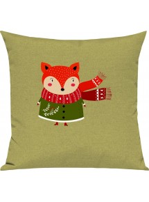 Kinder Kissen, Fuchs Fox Weihnachten Christmas Winter Schnee Tiere Tier Natur, Kuschelkissen Couch Deko, Farbe hellgruen