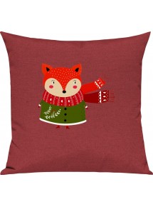 Kinder Kissen, Fuchs Fox Weihnachten Christmas Winter Schnee Tiere Tier Natur, Kuschelkissen Couch Deko, Farbe rot