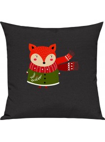 Kinder Kissen, Fuchs Fox Weihnachten Christmas Winter Schnee Tiere Tier Natur, Kuschelkissen Couch Deko, Farbe schwarz