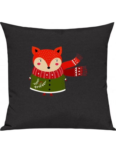 Kinder Kissen, Fuchs Fox Weihnachten Christmas Winter Schnee Tiere Tier Natur, Kuschelkissen Couch Deko, Farbe schwarz