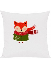 Kinder Kissen, Fuchs Fox Weihnachten Christmas Winter Schnee Tiere Tier Natur, Kuschelkissen Couch Deko, Farbe weiss