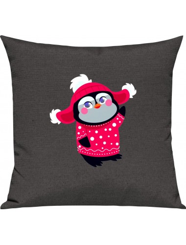 Kinder Kissen, Pinguin Penguin Weihnachten Christmas Winter Schnee Tiere Tier Natur, Kuschelkissen Couch Deko, Farbe dunkelgrau