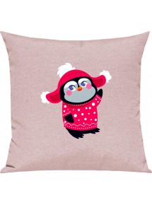 Kinder Kissen, Pinguin Penguin Weihnachten Christmas Winter Schnee Tiere Tier Natur, Kuschelkissen Couch Deko, Farbe rosa