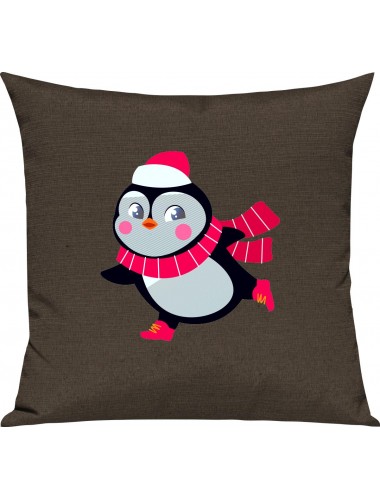 Kinder Kissen, Pinguin Penguin Weihnachten Christmas Winter Schnee Tiere Tier Natur, Kuschelkissen Couch Deko, Farbe braun