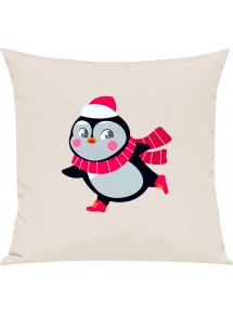 Kinder Kissen, Pinguin Penguin Weihnachten Christmas Winter Schnee Tiere Tier Natur, Kuschelkissen Couch Deko, Farbe creme