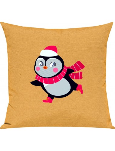 Kinder Kissen, Pinguin Penguin Weihnachten Christmas Winter Schnee Tiere Tier Natur, Kuschelkissen Couch Deko, Farbe gelb