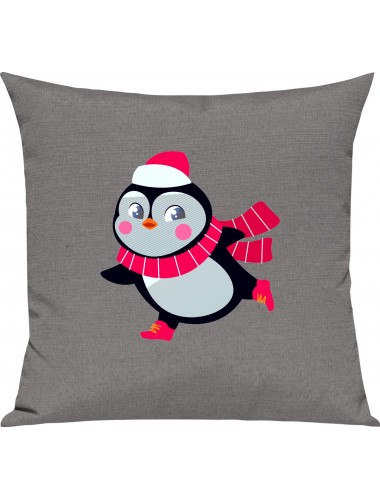 Kinder Kissen, Pinguin Penguin Weihnachten Christmas Winter Schnee Tiere Tier Natur, Kuschelkissen Couch Deko, Farbe grau