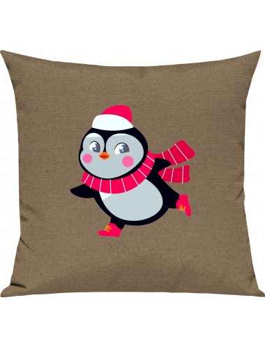 Kinder Kissen, Pinguin Penguin Weihnachten Christmas Winter Schnee Tiere Tier Natur, Kuschelkissen Couch Deko, Farbe hellbraun