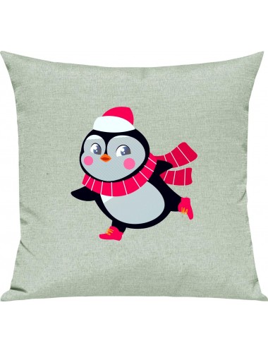 Kinder Kissen, Pinguin Penguin Weihnachten Christmas Winter Schnee Tiere Tier Natur, Kuschelkissen Couch Deko, Farbe pastellgru