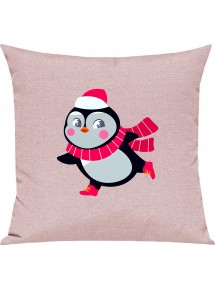 Kinder Kissen, Pinguin Penguin Weihnachten Christmas Winter Schnee Tiere Tier Natur, Kuschelkissen Couch Deko, Farbe rosa