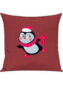 Kinder Kissen, Pinguin Penguin Weihnachten Christmas Winter Schnee Tiere Tier Natur, Kuschelkissen Couch Deko, Farbe rot