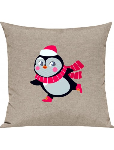 Kinder Kissen, Pinguin Penguin Weihnachten Christmas Winter Schnee Tiere Tier Natur, Kuschelkissen Couch Deko, Farbe sand